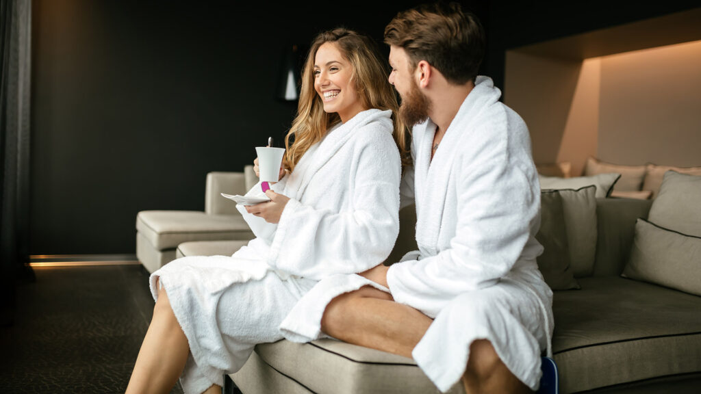 Romantic couple enjoying honeymoon escape and wellness weekend