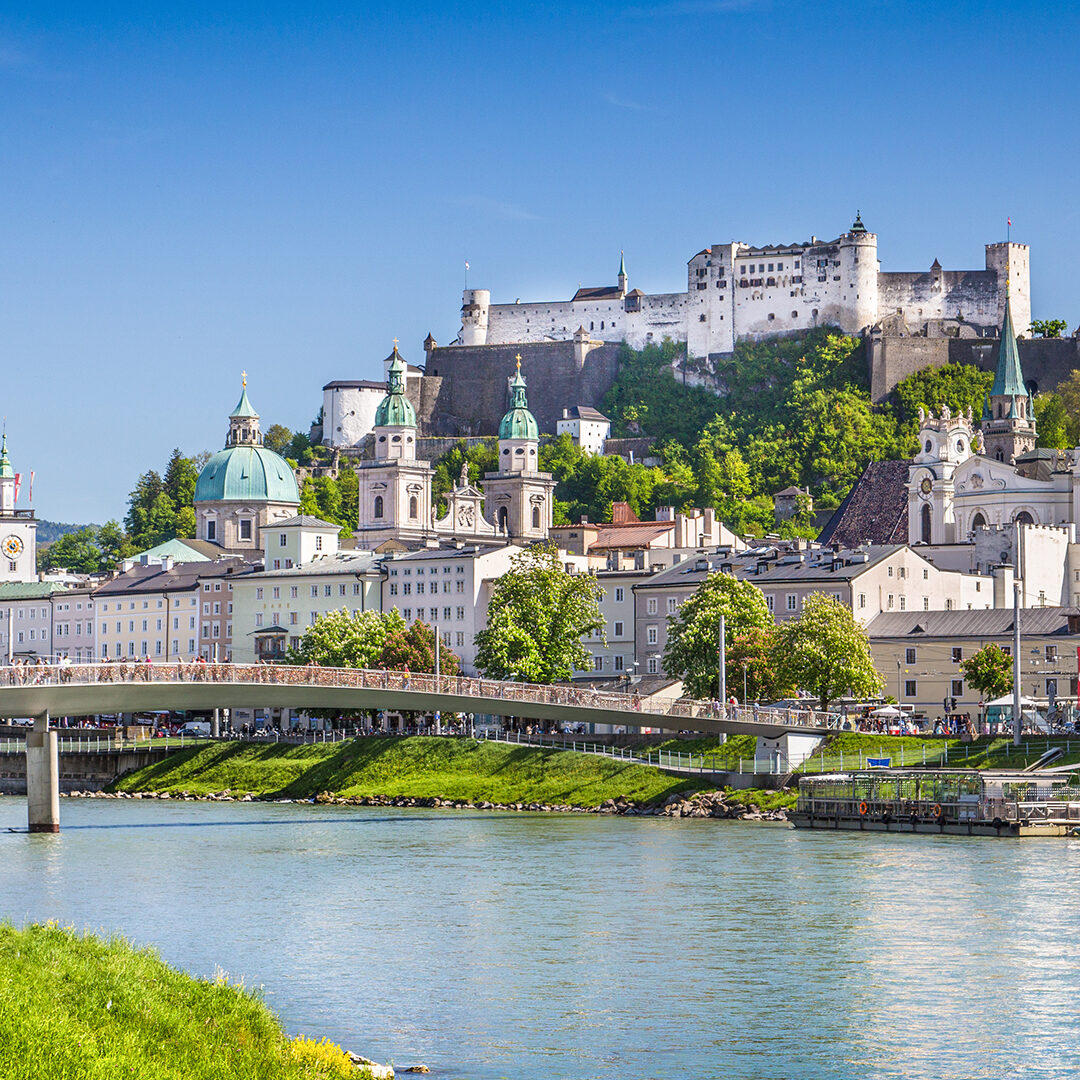 Beautiful view of Salzburg skyline with Festung Hohensalzburg and Salzach river in summer, Salzburg, Salzburger Land, Austria