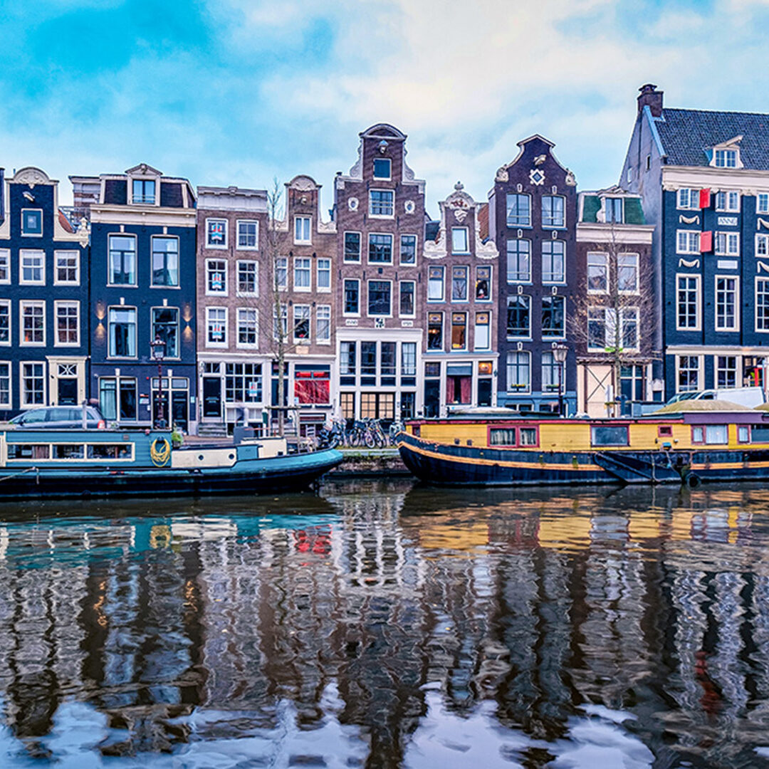 Amsterdam Netherlands canals with lights during evening in December during wintertime in the Netherlands Amsterdam city. Europe