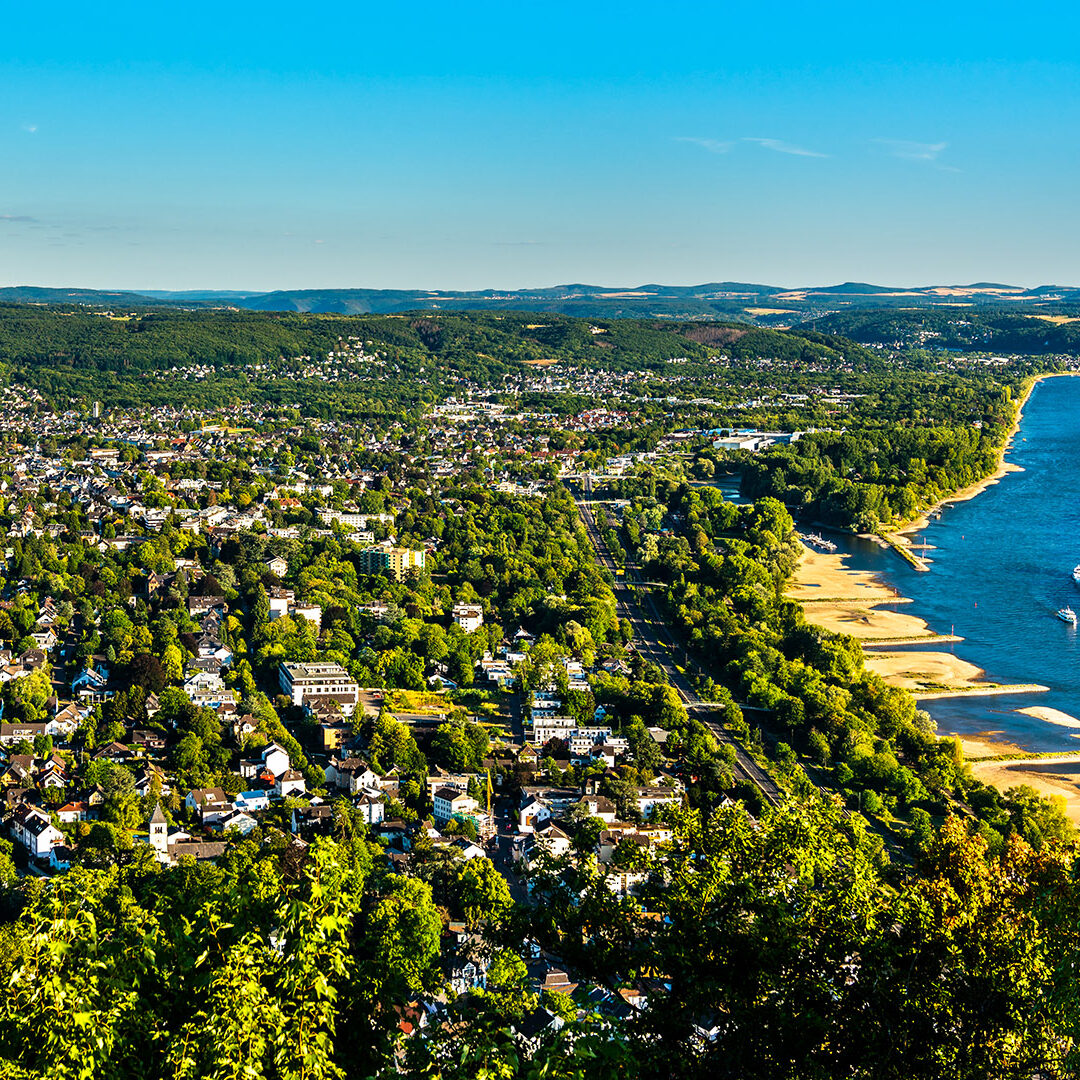 View from the Drachenfels to Bad Honnef and the Rhine river. North Rhine-Westphalia, Germany