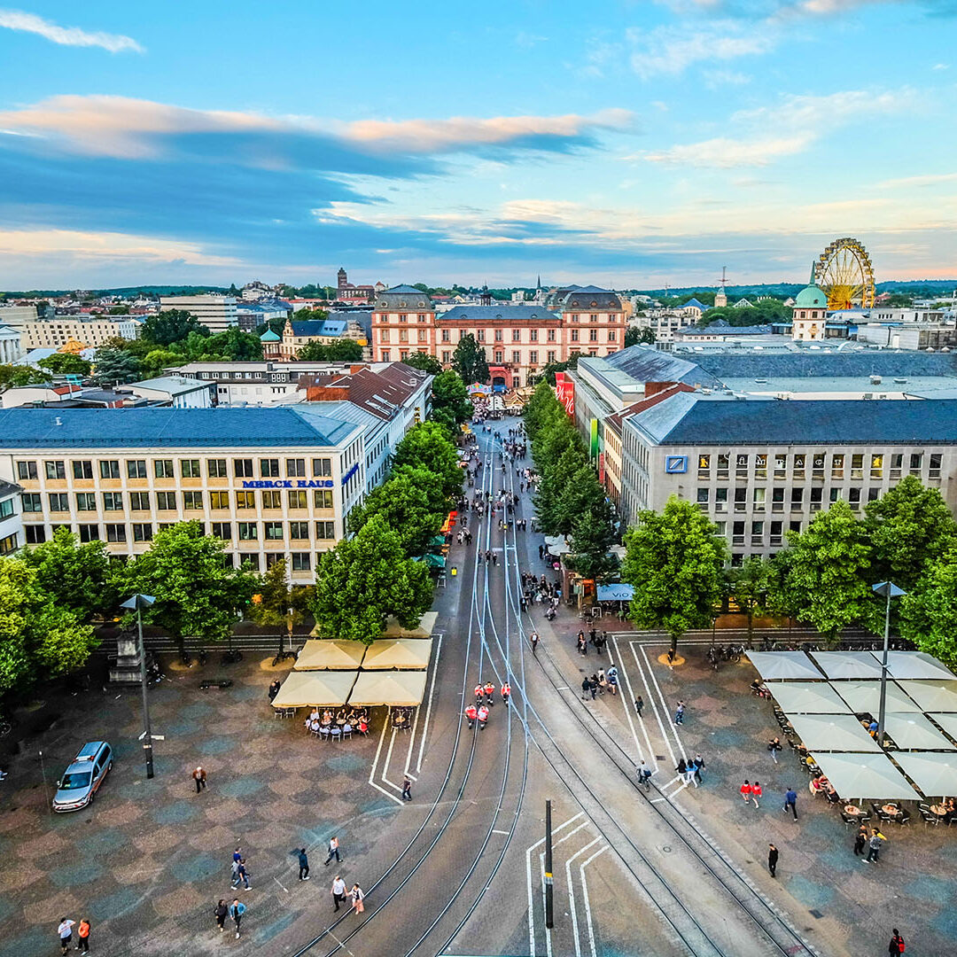 High angle view above the city of Darmstadt towards castle in summer while summer festival